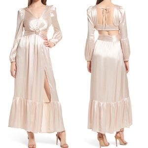NEW RAHI Champagne LEILA LUSTER Long Sleeve RUFFLE Midi DRESS S (Missing Brooch)